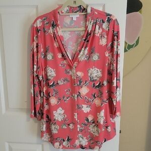 Charter Club Chic Floral Vneck long sleeve womens Blouse in rose color SzXL